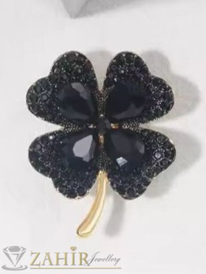 Кристална брошка ТАЛИСМАН - четирилистна детелина с блестящи черни кристали на златиста основа, размер 3,5 на 4 см - B1536